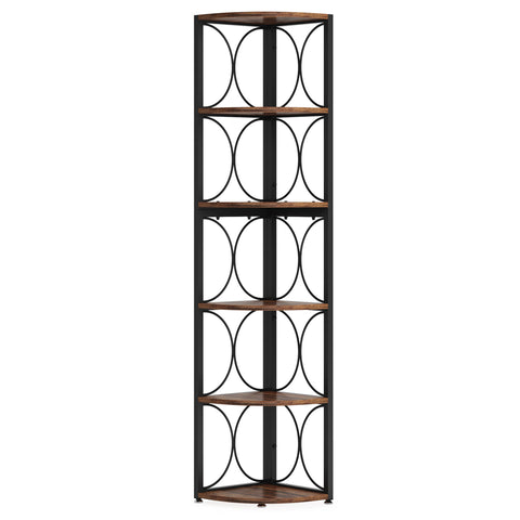 Tall 6 Tier Corner Bookshelf Storage Rack For Living Room - Rustic Brown