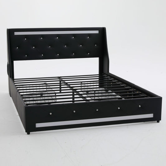 Wingback Upholstered Bed Frame With LED Lights, Charging Station