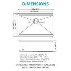 Gold Undermount Kitchen Sink 30" X 19" X 10" Stainless Steel 16 Gauge Deep Single Bowl With Workstation Ledges
