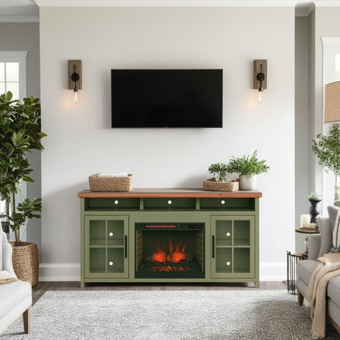 Vineyard - 74" Fireplace TV Stand Console For TVs Up To 85" - Sage Green And Fruitwood