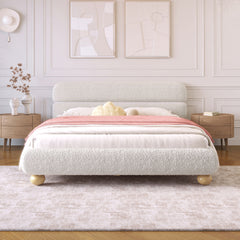 Queen Size Contemporary Low Profile Upholstered Bed With Teddy Fleece Boucle Fabric And Solid Round Legs - White