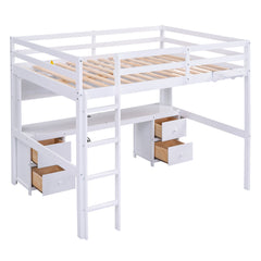 Full Size Loft Bed With Desk, Cabinets, Drawers, Charging Station And Bedside Tray, Sturdy Frame, No Box Spring Required - White