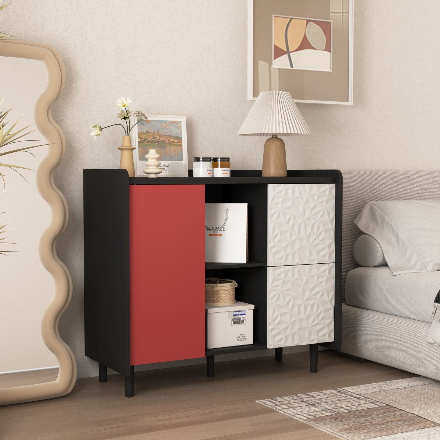 Modern Sideboard Buffet Cabinet With Doors And Unique Panel Styling