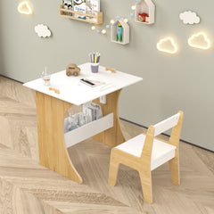 Table Set With 1 Chair, Multifunctional Study Table Convertible Top For Study Drawing & Play - White