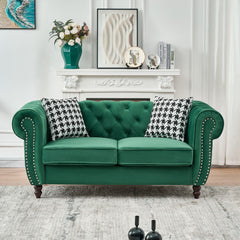 Chesterfield Velvet Fabric Sofa With Roll Armrest And Nailhead, Mid Century 2 Seater Couch