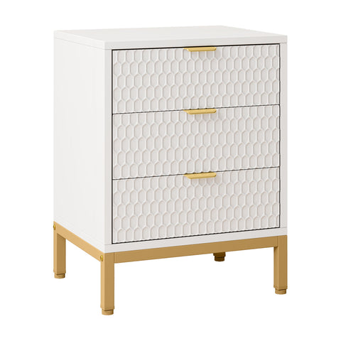 3 Drawer Nightstand With Hexagon Pattern, Storage Table For Living - White