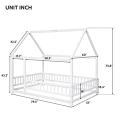 Floor Wooden Bed With House Roof Frame, Fence Guardrails