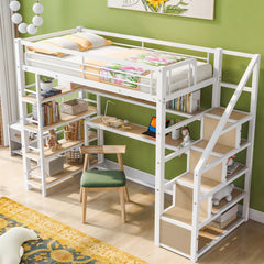 Twin Size Loft Bed With Built In Desk, Staircase Storage & 4 Tier Shelves - White