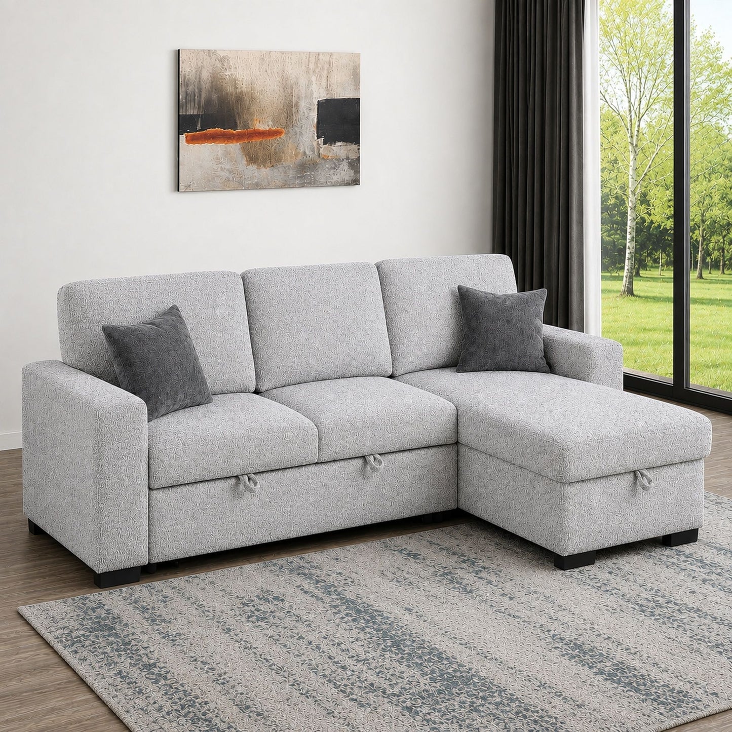 Buzz - Reversible Sleeper Sectional Sofa With Storage Chaise, Console Arm, USB Charging & Cup Holders - Gray