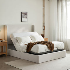 Caron - Queen Size Upholstered Wingback Bed With Adjustable Base Bundle Set - Ivory