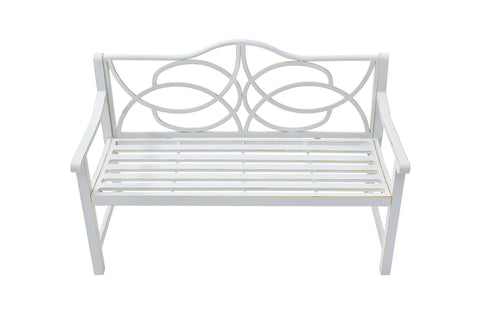 Outdoor Garden Patio Bench With Backrest And Armrest, Slatted Seat For Park, Yard & Porch, Balcony, Accommodates 2 - 3 People - White