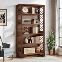 6 Tier Brown Mid Century Bookcase With X Design For Living Room - Brown