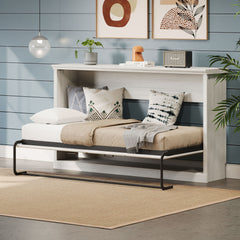 Twin Size Horizontal Murphy Bed, Hideaway Wall Bed, Folding Into Cabinet, Space Saving Furniture For Multipurpose Guest Room, Home Office - Rustic White