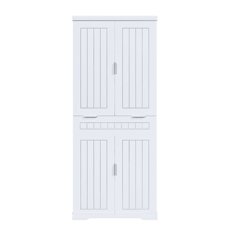 Farmhouse Style Pantry Cabinet With Drawer 2 Cabinets & 6 Door Shelves Adjustable Shelves Freestanding Cupboard - White