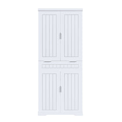 Farmhouse Style Pantry Cabinet With Drawer 2 Cabinets & 6 Door Shelves Adjustable Shelves Freestanding Cupboard - White