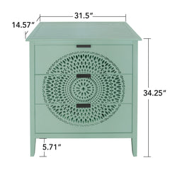 3 Drawer Storage Cabinet With Hollow Carved Design And Metal Handles, Chest For Entryway, Living Room Or Bedroom - Light Green