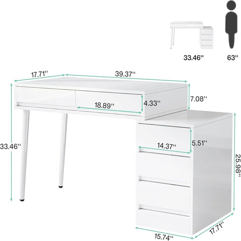 Glossy Desk With 5 Drawers & Printer Stand, Reversible Home Office Computer And Vanity Table For Small Spaces - White