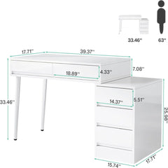 Glossy Desk With 5 Drawers & Printer Stand, Reversible Home Office Computer And Vanity Table For Small Spaces - White