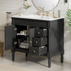 Bathroom Vanity With Ceramic Sink, 2 Doors 3 Drawers, Soft Close Design