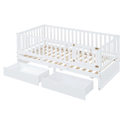 Daybed With Fence Guardrails And 2 Drawers, Split Into Independent Floor Bed & Daybed