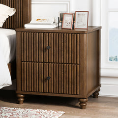 Mid Century Modern Fluted Nightstand 2 Piece Set With 3 Drawers - Walnut