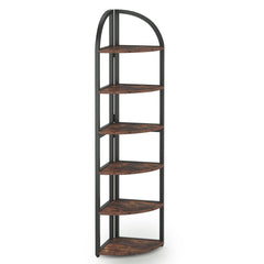 Tall 6 Tier Corner Shelf, Freestanding Bookshelf For Living Room - Rustic Brown