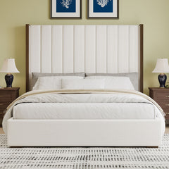 Tall Headboard Upholstered Bed With Vertical Striped And Wingback Design, Box Spring Needed