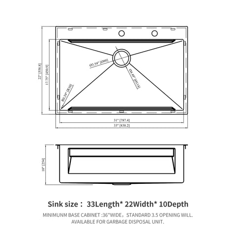 33" Drop In Kitchen Sink Single Bowl 16 Gauge Stainless Steel Ledge Workstation - Black
