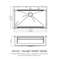 33" Drop In Kitchen Sink Single Bowl 16 Gauge Stainless Steel Ledge Workstation - Black