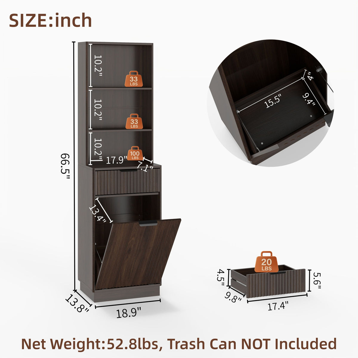Tall Narrow Fluted Storage Cabinet With Trash Bin Compartment For Kitchen (Trash Can Not Included)