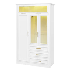 3 Door Wardrobe Armoire With LED Lighting And 3 Drawers - White