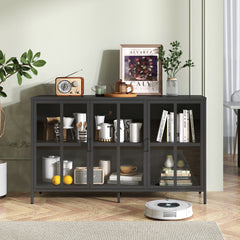Modern Heavy Duty Metal Sideboard Buffet Cabinet With Storage, Adjustable Feet, Glass Doors, Steel - Black