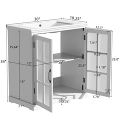 Modern Bathroom Vanity With Ceramic Sink, Tempered Blurred Glass Doors