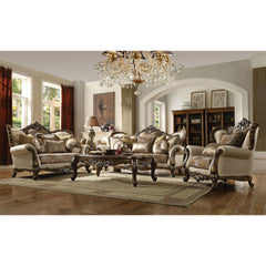 Latisha - Loveseat With 6 Pillows (Same Lv01577) - Tan, Pattern Fabric & Antique Oak