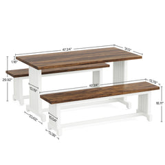 3 Piece Dining Table Set For 2 - 4, With Space Saving Benches - Brown / White
