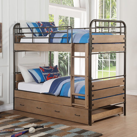 Adams - Twin Over Twin Bunk Bed With Trundle - Antique Oak & Gunmetal