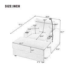 Single Sofa Couch With Storage Space, Movable Ottoman, USB Ports, Cup Holders, Phone Holder