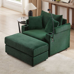 Single Sofa Couch With Storage Space, Movable Ottoman, USB Ports, Cup Holders, Phone Holder