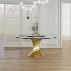 Luxury Round 59" Sintered Stone Dining Table With Stainless Steel Hourglass Base, Scratch & Heat Resistant Surface - Golden / White