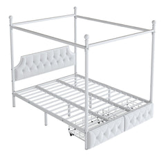 Canopy Platform Bed With Upholstered Headboard And 2 Storage Drawers - White