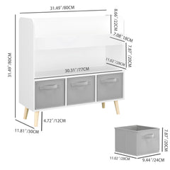 Bookshelf With 3 Bins, Storage Shelf For Toys And Books - White