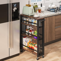 Slim 4 Tier Rolling Utility Cart With Wheels, Narrow Kitchen Storage Trolley - Brown / Black