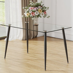 Modern Rectangular Glass Dining Table With Tempered Glass Top And Metal Legs For 4 - 6 People - Black / Transparent