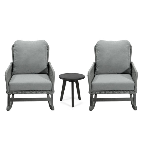 Modern 3 Piece Outdoor Seating Set With Cushioned Rattan Rocking Chairs And Wooden Accent Table