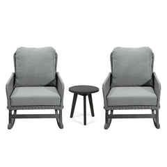 Modern 3 Piece Outdoor Seating Set With Cushioned Rattan Rocking Chairs And Wooden Accent Table