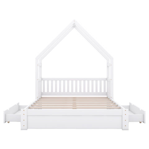 House Style Platform Bed With Guardrail And 2 Drawers