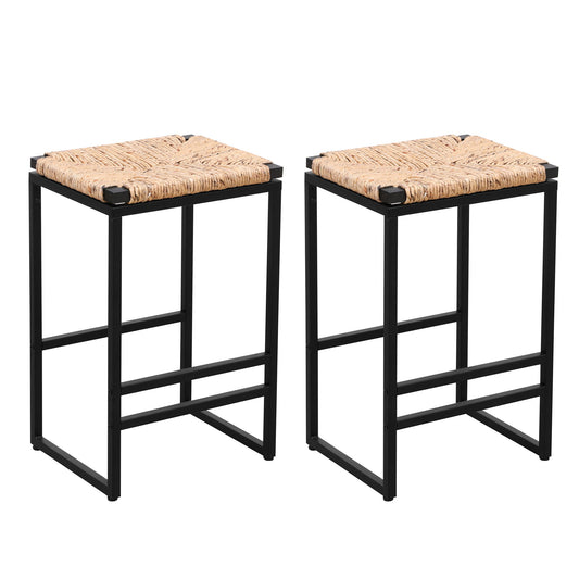 25" Height Backless Water Hyacinth Woven Bar Stools With Footrest (Set of 2) - Natural