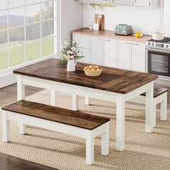 Dining Table Set For 4 - 6 With Tuck Under Benches - Brown / White