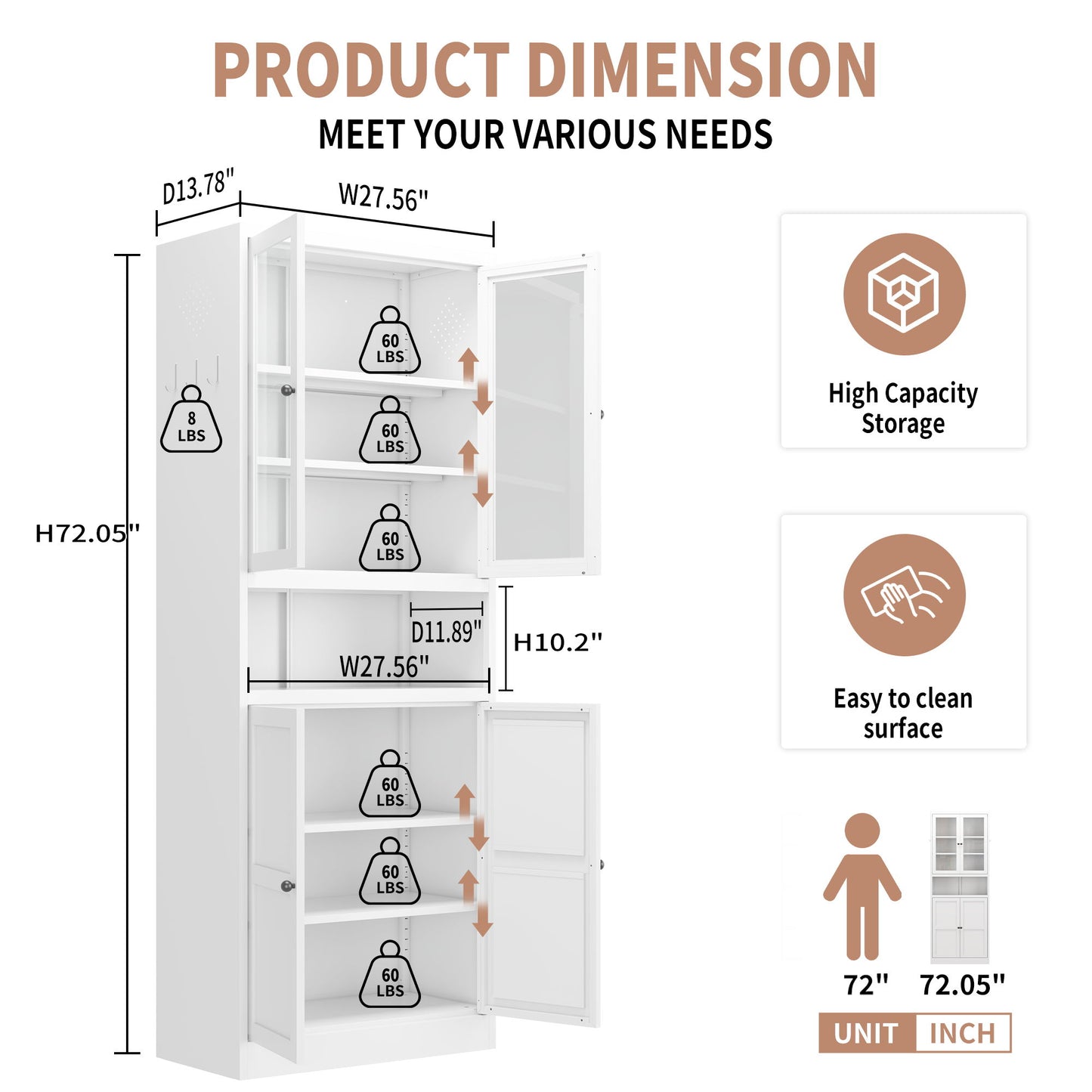 Metal Kitchen Pantry Cabinet Tall Storage With Adjustable Shelves, Heavy Duty Stainless Steel Frame - White