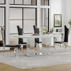 Marble Printed Top Rectangular Dining Table, Stainless Steel Base With Mirrored Finish